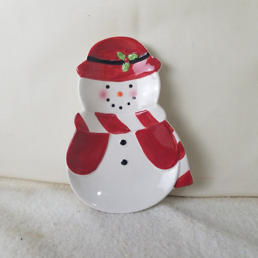 Snowman Spoon Rest‎ Hand Painted Ceramic Red Hat Scarf Mittens Christmas